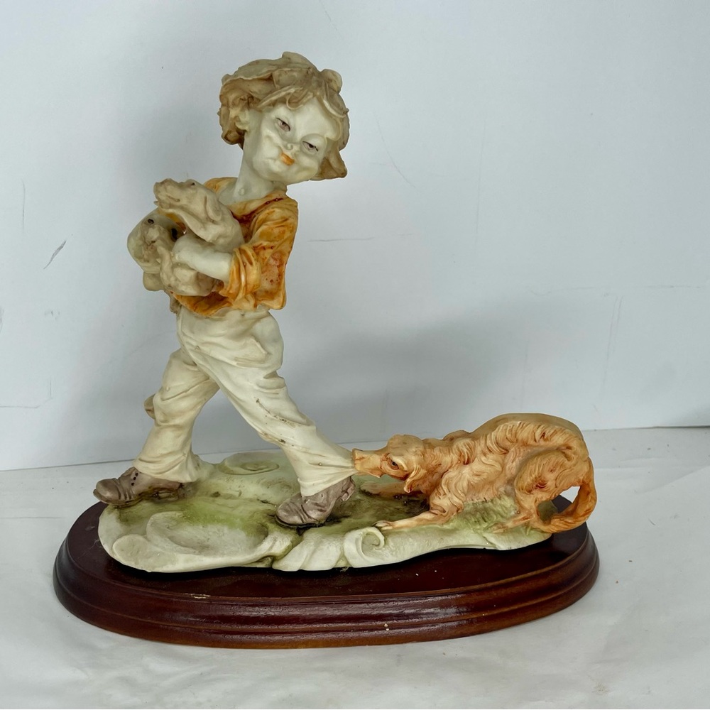 Arnart for Pucci Vintage Collectible Boy With Puppies Dog Resin Figurine On Wood